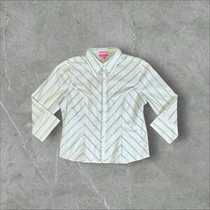 Blue Metallic Stripe White Blouse